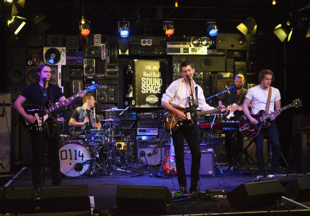 (L-R) Nick O'Malley, Matt Helders Alex Turner and Jamie Cook of the Arctic Monkeys performs at the Red Bull Soundspace at 106.7 KROQ