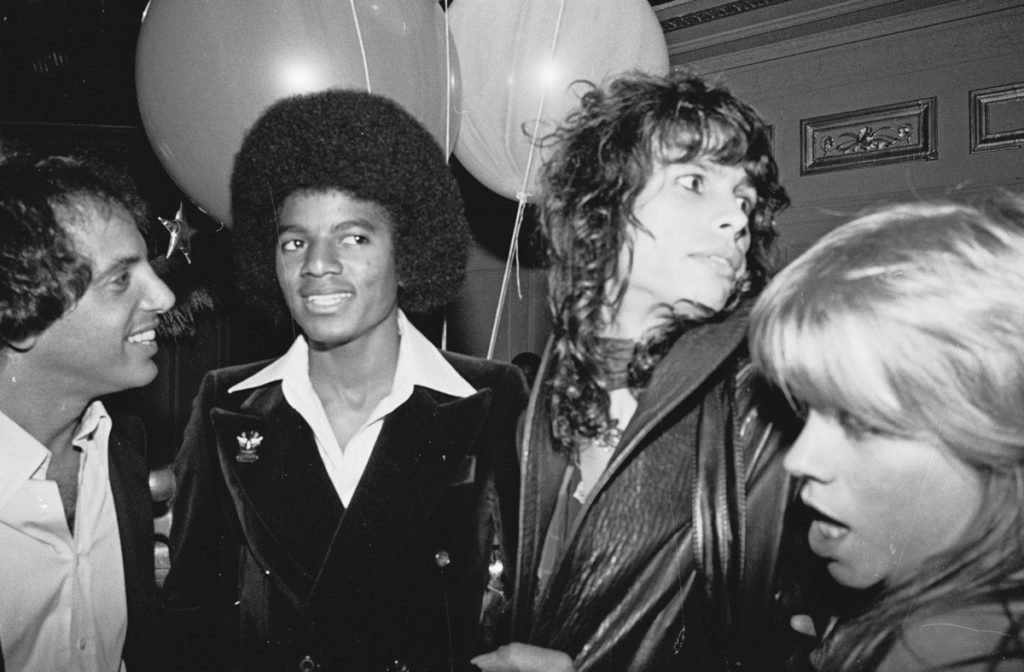 Steve Rubell, Michael Jackson, Steven Tyler of Aerosmith and Cherie Currie of The Runaways (Photo by Bobby Bank/WireImage)