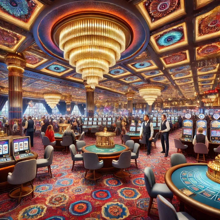DALL·E 2024-12-15 14.29.13 - A vibrant casino interior with luxurious decor. The image features a large, well-lit room filled with rows of slot machines and card tables. There are